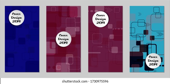 Retro Flyers with Rectangles. Set of Technic Colorful Posters with Colorful Elements. Trendy Vertical Banners with White Form. Sale Brochures. Vacation Ads. Tech Backgrounds.