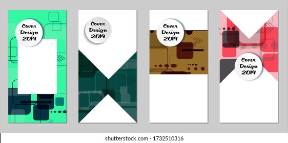 Retro Flyers with Rectangles. Set of Technic Colorful Posters with Colorful Elements. Trendy Vertical Banners with White Form. Sale Brochures. Vacation Ads. Tech Backgrounds.