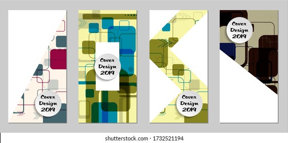 Retro Flyers with Rectangles. Set of Technic Colorful Posters with Colorful Elements. Trendy Vertical Banners with White Form. Sale Brochures. Vacation Ads. Tech Backgrounds.