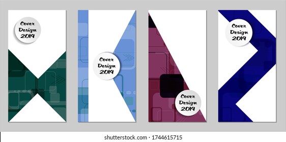 Retro Flyers with Rectangles. Set of Technic Colorful Posters with Colorful Elements. Trendy Vertical Banners with White Form. Sale Brochures. Vacation Ads. Tech Backgrounds.