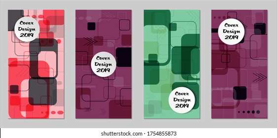 Retro Flyers with Rectangles. Set of Technic Colorful Posters with Colorful Elements. Trendy Vertical Banners with White Form. Sale Brochures. Vacation Ads. Tech Backgrounds.