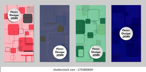 Volantes Retro con Rectángulos. Conjunto de pósters técnicos coloridos con elementos coloridos. Banners verticales de moda con forma blanca. Folletos de venta. Anuncios de vacaciones. Fondos tecnológicos.