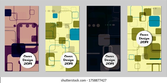 Retro Flyers with Rectangles. Set of Technic Colorful Posters with Colorful Elements. Trendy Vertical Banners with White Form. Sale Brochures. Vacation Ads. Tech Backgrounds.