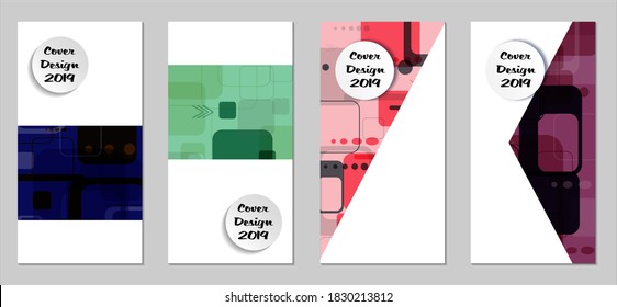 Retro Flyers with Rectangles. Set of Technic Colorful Posters with Colorful Elements. Trendy Vertical Banners with White Form. Sale Brochures. Vacation Ads. Tech Backgrounds.