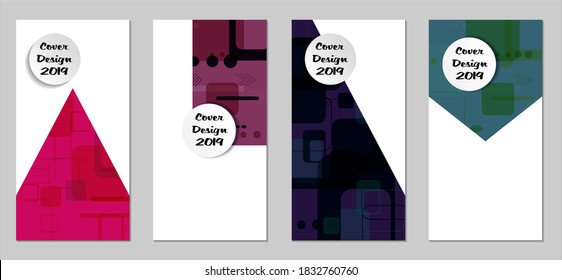 Retro Flyers with Rectangles. Set of Technic Colorful Posters with Colorful Elements. Trendy Vertical Banners with White Form. Sale Brochures. Vacation Ads. Tech Backgrounds.