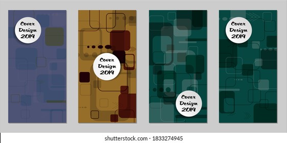 Retro Flyers with Rectangles. Set of Technic Colorful Posters with Colorful Elements. Trendy Vertical Banners with White Form. Sale Brochures. Vacation Ads. Tech Backgrounds.