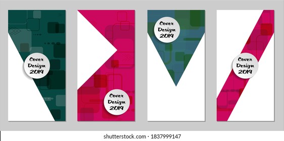 Retro Flyers with Rectangles. Set of Technic Colorful Posters with Colorful Elements. Trendy Vertical Banners with White Form. Sale Brochures. Vacation Ads. Tech Backgrounds.