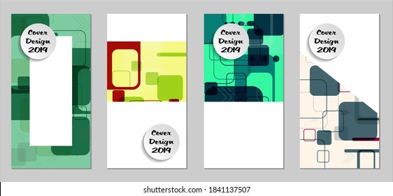 Retro Flyers with Rectangles. Set of Technic Colorful Posters with Colorful Elements. Trendy Vertical Banners with White Form. Sale Brochures. Vacation Ads. Tech Backgrounds.