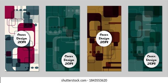 Retro Flyers with Rectangles. Set of Technic Colorful Posters with Colorful Elements. Trendy Vertical Banners with White Form. Sale Brochures. Vacation Ads. Tech Backgrounds.