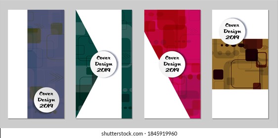Retro Flyers with Rectangles. Set of Technic Colorful Posters with Colorful Elements. Trendy Vertical Banners with White Form. Sale Brochures. Vacation Ads. Tech Backgrounds.