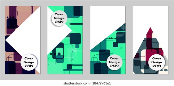 Retro Flyers with Rectangles. Set of Technic Colorful Posters with Colorful Elements. Trendy Vertical Banners with White Form. Sale Brochures. Vacation Ads. Tech Backgrounds.