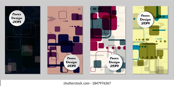 Retro Flyers with Rectangles. Set of Technic Colorful Posters with Colorful Elements. Trendy Vertical Banners with White Form. Sale Brochures. Vacation Ads. Tech Backgrounds.