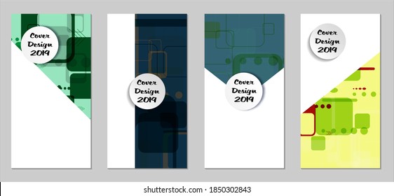 Retro Flyers with Rectangles. Set of Technic Colorful Posters with Colorful Elements. Trendy Vertical Banners with White Form. Sale Brochures. Vacation Ads. Tech Backgrounds.