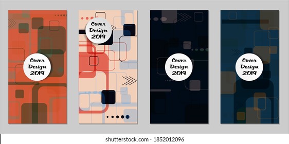 Retro Flyers with Rectangles. Set of Technic Colorful Posters with Colorful Elements. Trendy Vertical Banners with White Form. Sale Brochures. Vacation Ads. Tech Backgrounds.