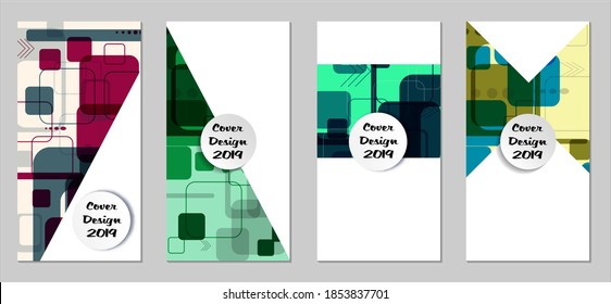 Retro Flyers with Rectangles. Set of Technic Colorful Posters with Colorful Elements. Trendy Vertical Banners with White Form. Sale Brochures. Vacation Ads. Tech Backgrounds.