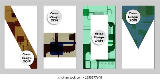 Retro Flyers with Rectangles. Set of Technic Colorful Posters with Colorful Elements. Trendy Vertical Banners with White Form. Sale Brochures. Vacation Ads. Tech Backgrounds.