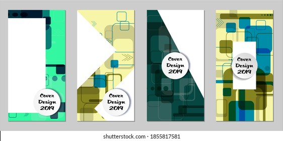 Retro Flyers with Rectangles. Set of Technic Colorful Posters with Colorful Elements. Trendy Vertical Banners with White Form. Sale Brochures. Vacation Ads. Tech Backgrounds.