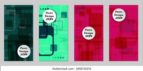 Retro Flyers with Rectangles. Set of Technic Colorful Posters with Colorful Elements. Trendy Vertical Banners with White Form. Sale Brochures. Vacation Ads. Tech Backgrounds.