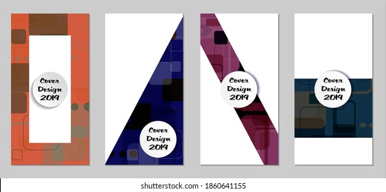 Retro Flyers with Rectangles. Set of Technic Colorful Posters with Colorful Elements. Trendy Vertical Banners with White Form. Sale Brochures. Vacation Ads. Tech Backgrounds.