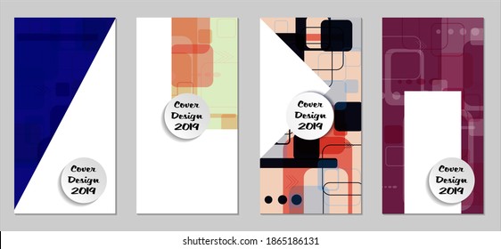 Retro Flyers with Rectangles. Set of Technic Colorful Posters with Colorful Elements. Trendy Vertical Banners with White Form. Sale Brochures. Vacation Ads. Tech Backgrounds.