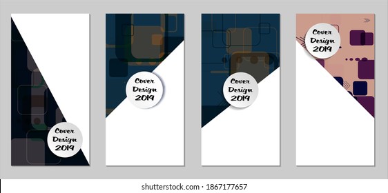 Retro Flyers with Rectangles. Set of Technic Colorful Posters with Colorful Elements. Trendy Vertical Banners with White Form. Sale Brochures. Vacation Ads. Tech Backgrounds.