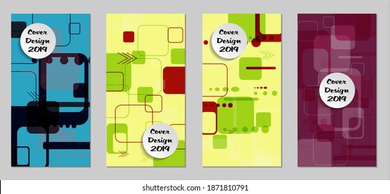 Retro Flyers with Rectangles. Set of Technic Colorful Posters with Colorful Elements. Trendy Vertical Banners with White Form. Sale Brochures. Vacation Ads. Tech Backgrounds.
