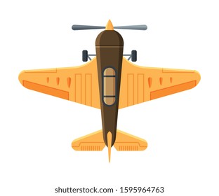 Retro Flying Aircraft, Biplane View from Above, Air Transport Vector Illustration