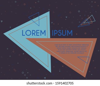 Retro flying triangles geometric banner vector design. Poster or flyer template with geometric confetti - triangles, circles, squares, cross, zigzag shapes. Banner concept with title and text.