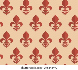 Retro fold brown Fleur-de-lis.Abstract geometrical ornament. Pattern with effect of folded paper with realistic shadow. Vintage colored simple shapes on textured background.