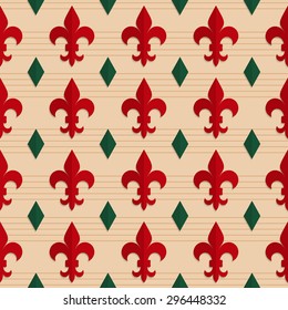 Retro fold red Fleur-de-lis and green diamonds.Abstract geometrical ornament. Pattern with effect of folded paper with realistic shadow. Vintage colored simple shapes on textured background.