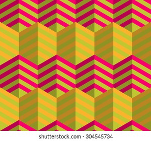 Retro fold striped hexagons touching.Abstract geometrical ornament. Pattern with effect of folded paper with realistic shadow. Vintage colored simple shapes on textured background.
