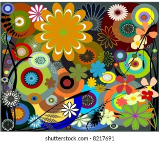 Retro foliage, flower and circles are done in vector.