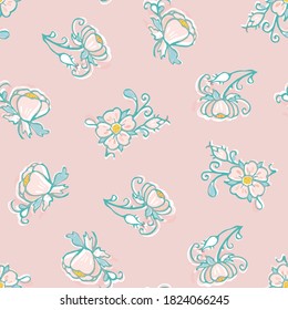 Patrón de flor de arte popular retro. Ilustración vectorial. rosa salvaje retro, por todas partes. Cocina vintage, arte folclórico, diseño floral a mano. Flores de arte de línea y formas cortadas sobre fondo rosa polvoriento