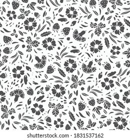 Retro Folk Art Linocut Style, Wild Rose Pattern. Vintage Embroidery Style Hand Drawn Floral Design. Black Stylized Florals On White Background. Elegant Backdrop. Perfect For Stationery, Print, Wedding