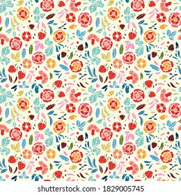 Retro folk art rose summer pattern. Vintage embroidery style hand drawn floral design. Colourful stylized floral and strawberry on white background. Cute, fun background. Perfect for stationery, print