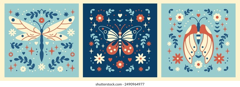 Estampados de Vector folclórico retro con libélula, mariposa, polilla y flores dispuestas perfectas. Misterioso cuento de hadas. Estética boho rural. Conjunto de impresiones cuadradas