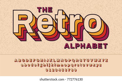 Retro Font 90's, 80's with colorful layers and VHS effect. Vector abc alphabet