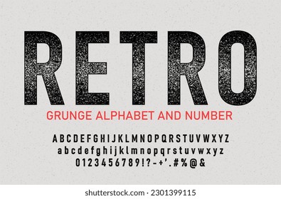 Fuentes retro de 90's, 80's con textura de grunge. Alfabeto vector retro con letras símbolos y números.