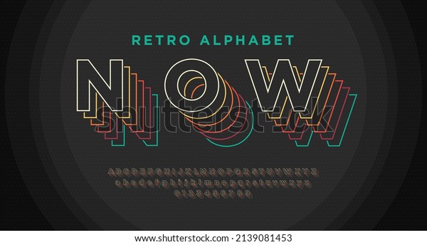 Retro font in 90s, 80s style with colorful layers.\
Letters and numbers included. Outline layered colored font. Vector\
alphabet abc