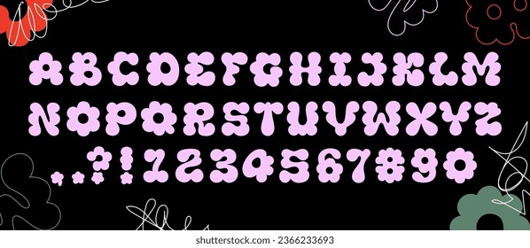 Retro font in 90s and Y2K aesthetics with bold, puffy English letters and numbers. Vector flower bloom shaped alphabet suitable for Y2K designs and children's projects