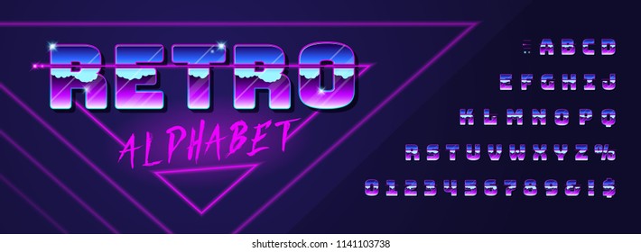Retro font and alphabet 80's with metallic effect. Vector typeface in futurism style for your design.