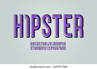 Retro font, alphabet sans serif, abstract condensed purple letters and numbers with shift, vector illustration 10EPS