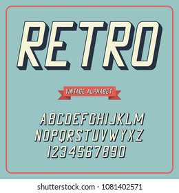 Retro font and alphabet. Slanted alphabet and numerals. Vintage typography, letters with shadow. Vector illustration.