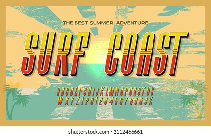 Retro font and alphabet. Textured letters and numbers. The style of an old travel poster. 3d typeface. Vector illustration