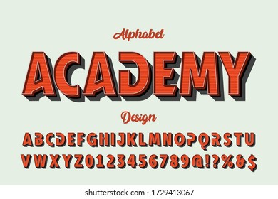 retro font alphabet, typeface vector, white and orange style background name academy