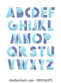 Retro font in blue and lilac. Alphabet letters for vintage design directions. 3D realistic 