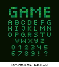 Retro font for a computer game. Green geometric pixel letters