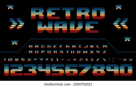 Fuente retro Diseño decorativo Letras geométricas y números Vector abc, Tipo de letra Pixel Vintage Striped, Afiches, Muestras de pancartas, Colores Retro de los años 1970, 70, 80, 90. estilo retro vintage de los años 70