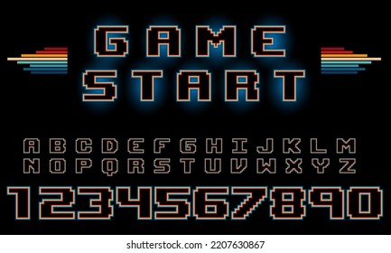 Retro font Decorative design Geometric letters and numbers Vector abc, Vintage Pixel Striped font, Posters, Banner Samples, Retro Colors from the 1970s 1980s, 70s, 80s, 90s. retro vintage 70s style s	