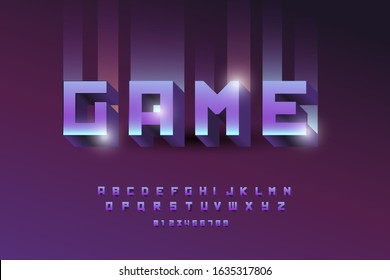 Retro font effect for the game. Vector design of 3d text elements. Luminous alphabetic font in various blue and purple colors